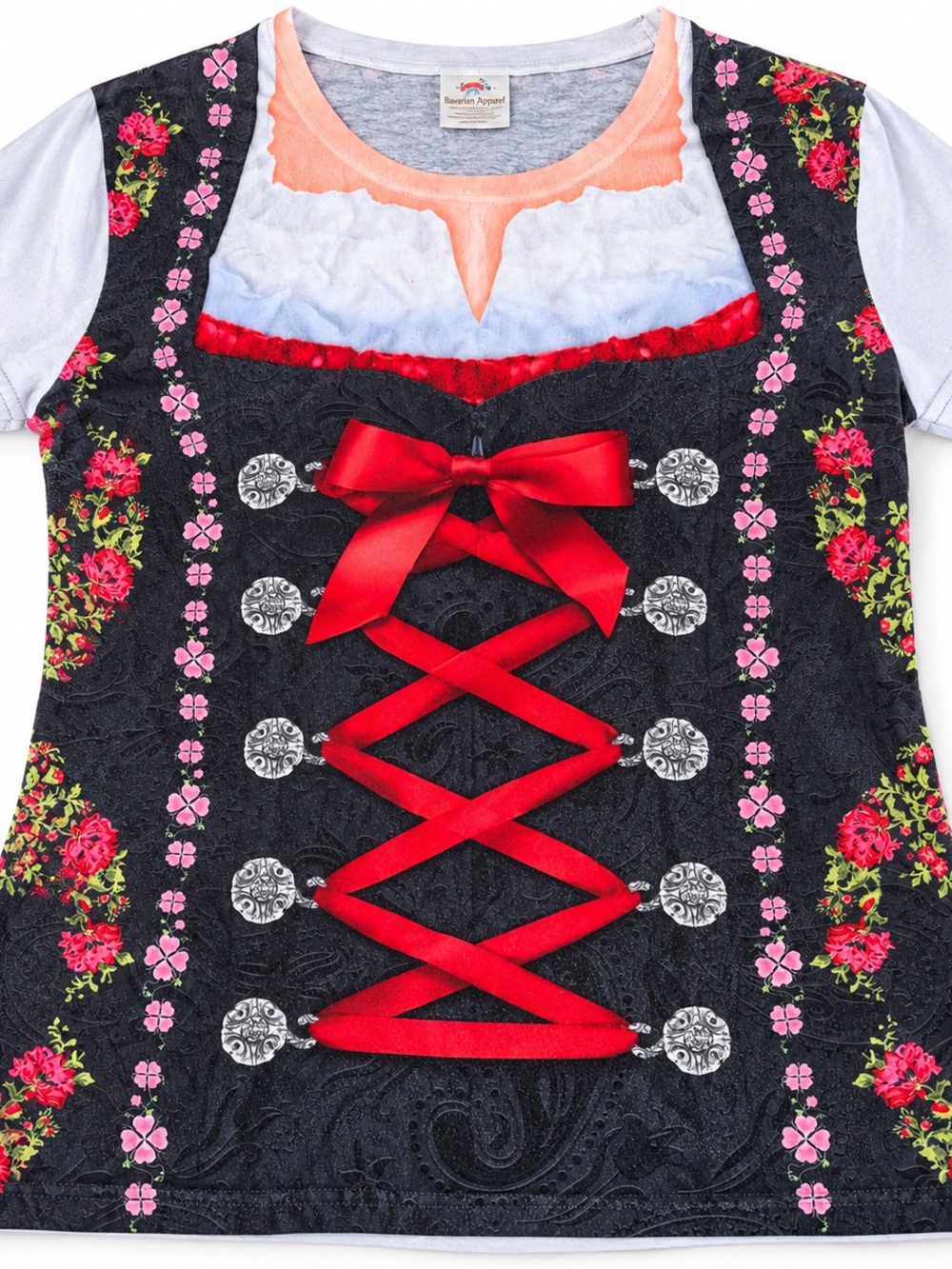 Women’s Black Floral Dirndl-Style Tee with Red Ribbon Accent—Octoberfest ready